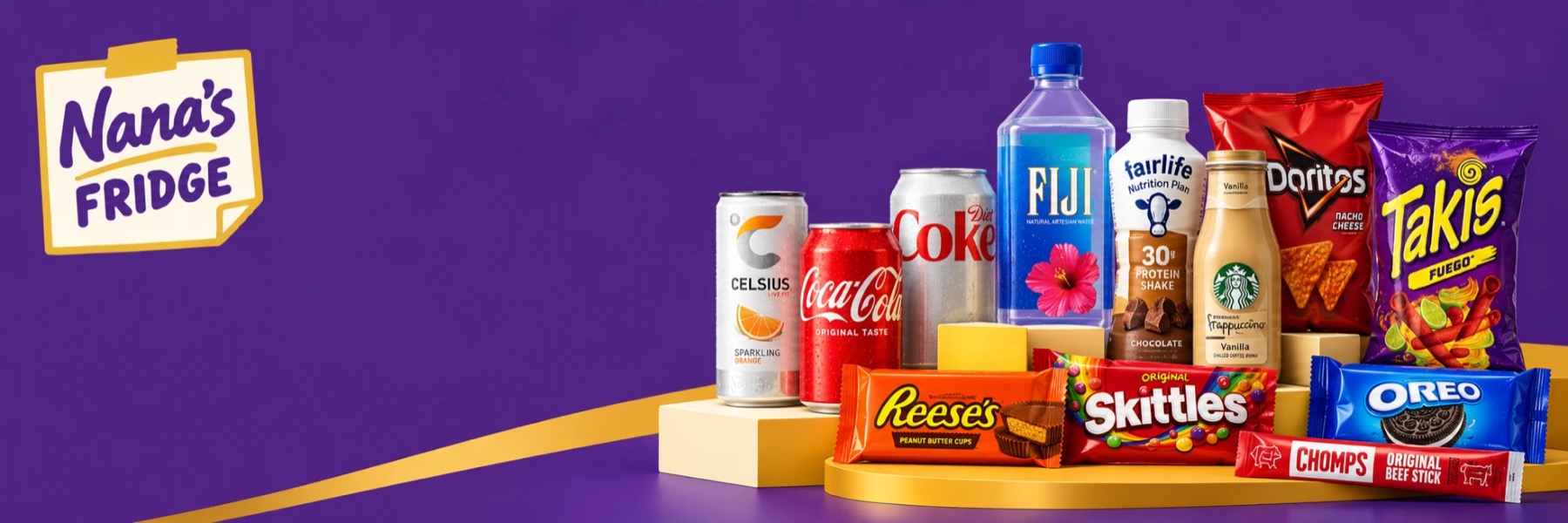 A spread of what's inside a Nana's Fridge: Celsius, Coca-Cola, Diet Coke, Fiji water, Fairlife protein shake, Starbucks Frappuccino, Doritos, Takis, Reese's, Skittles, Oreo and Chomps beef sticks.